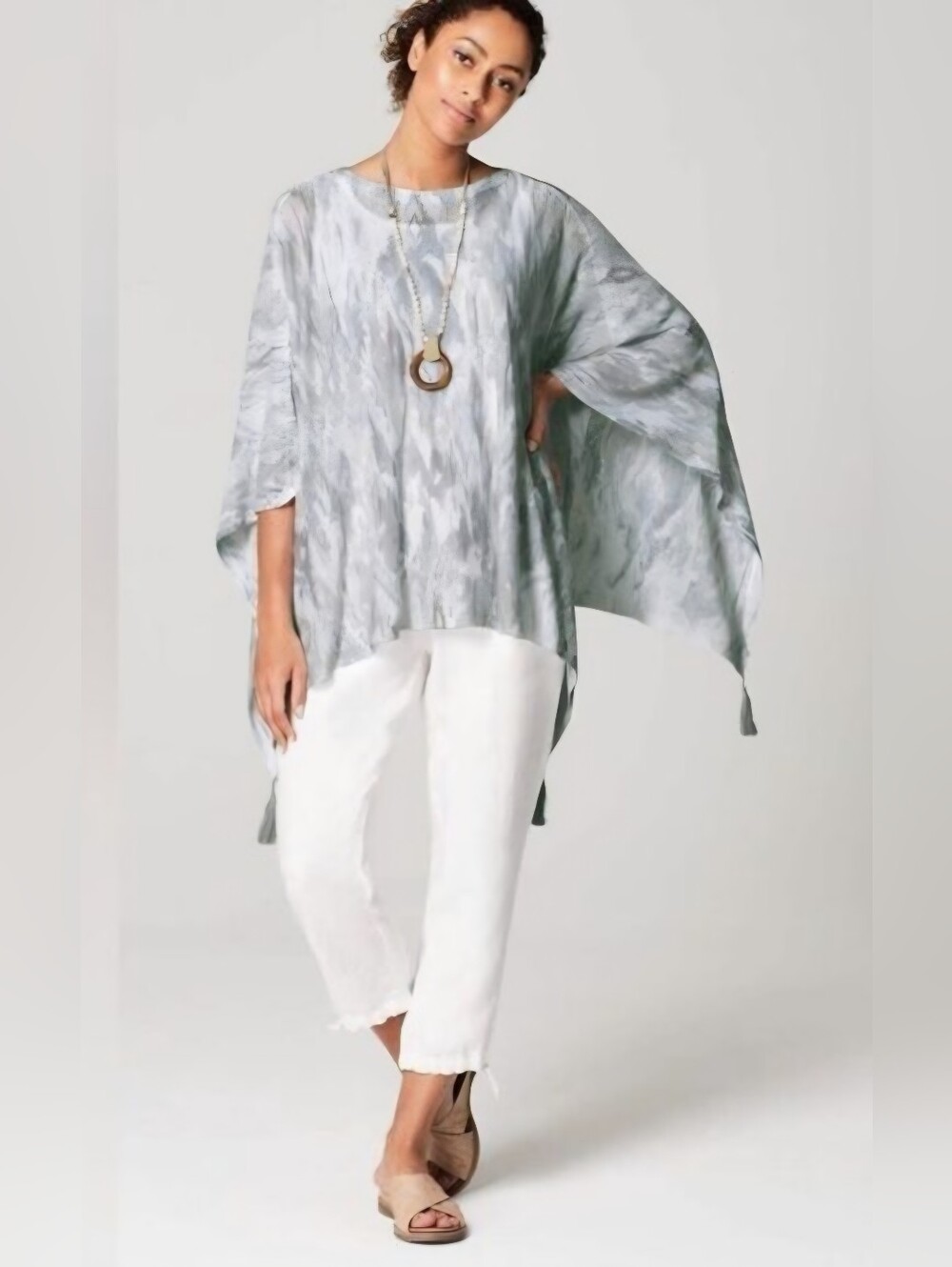 NWT J. Jill Pure Jill Gray White Ikat Zinc Poncho Cape Tassel Hem One Size